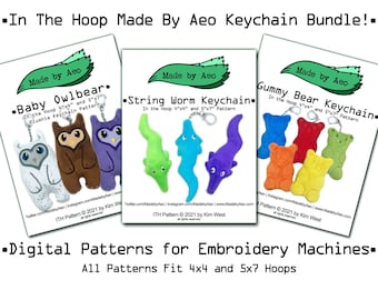 ITH DIGITAL PATTERNS - Baby Owlbear, String Worm, and Gummy Bear keychains! In The Hoop Machine Embroidery Patterns for 4x4 & 5x7 hoops