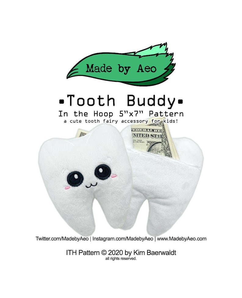 ITH DIGITAL PATTERN Tooth Buddy plushie In The Hoop Machine Embroidery Pattern for 5x7 hoops image 1