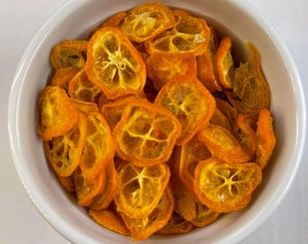 Kumquats deshidratados, kumquats en rodajas deshidratadas, frutos secos, cítricos deshidratados, repostería, decoración para cócteles, decoraciones navideñas, té de frutas.