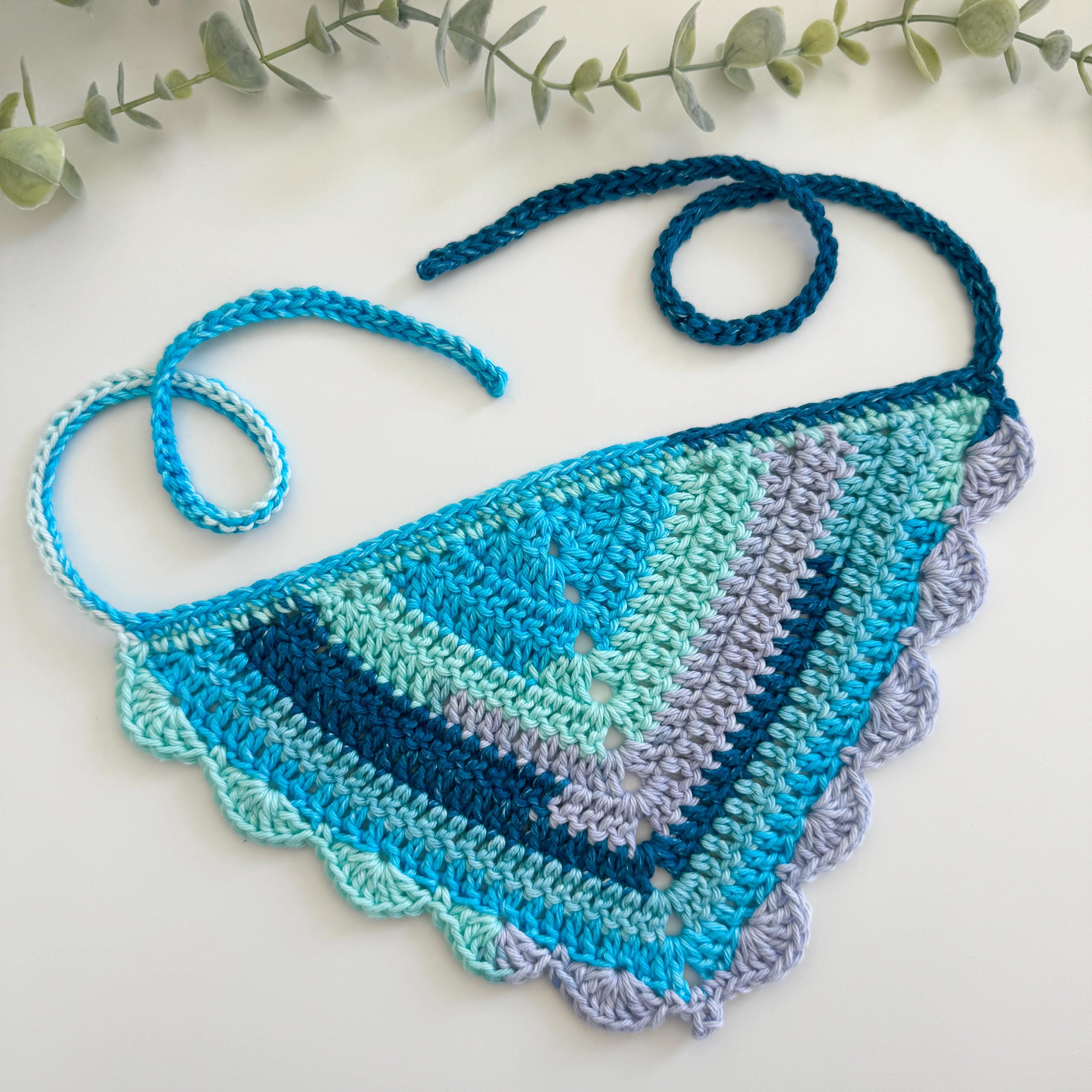 Handmade Crochet Hair Bandana XL Scallop Edge Multicolored Scalloped Aqua Multicolored Cotton Crochet Bandana  main image 2