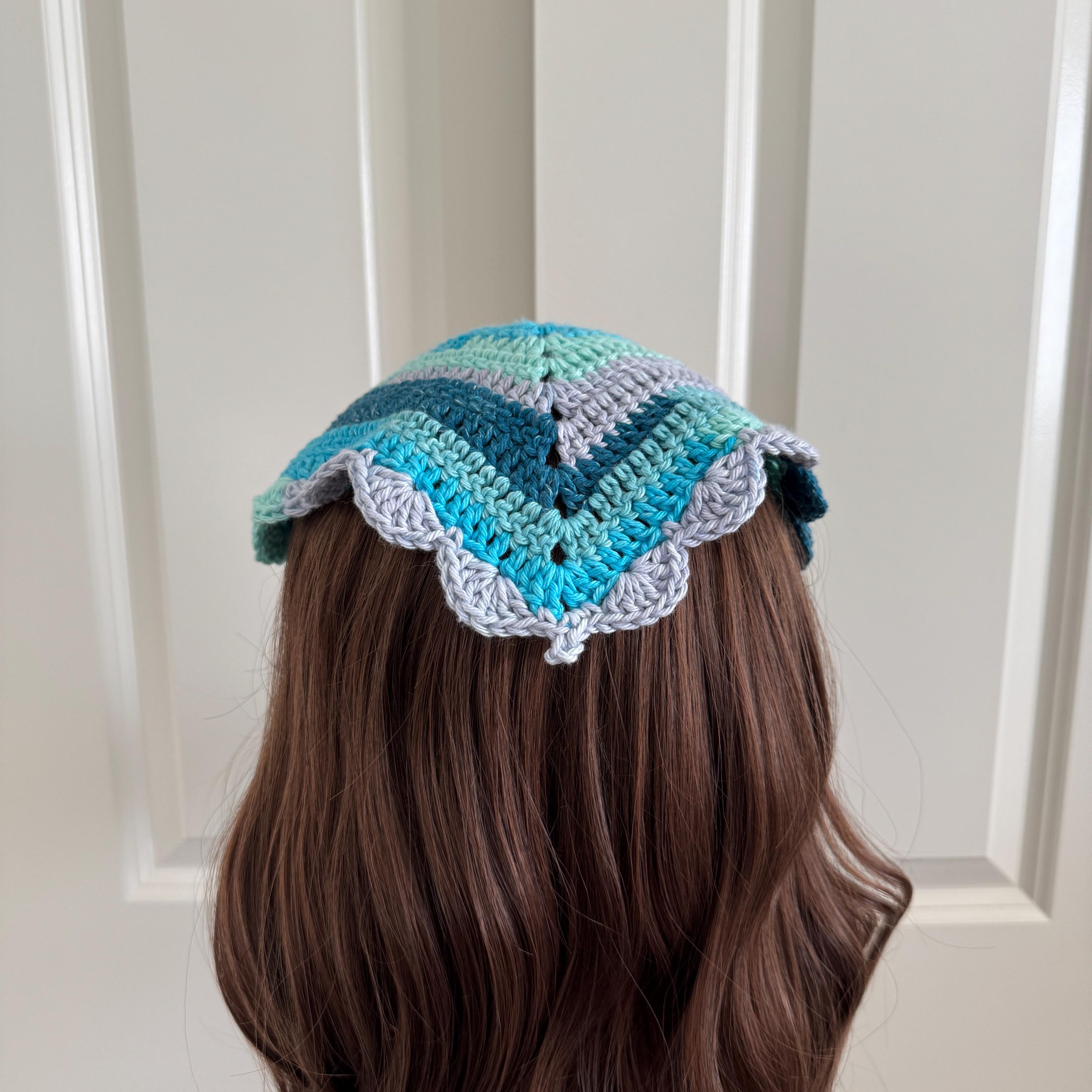 Scalloped Aqua Multicolored Cotton Crochet Bandana 