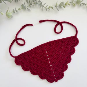 Scalloped Cherry Red Cotton Crochet Bandana, Headscarf, Hair Accessory