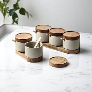 Ceramic Spice Jar – Round Seasoning Container with Wooden Lid | Salt & Pepper Storage Pot for Kitchen Organization