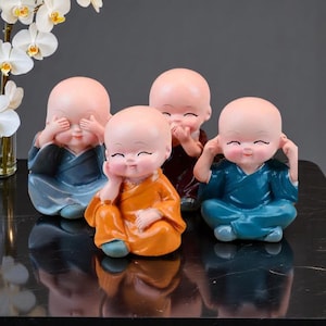 4Pcs Cute Little Monk Buddha Statues – Resin Meditation Figurines Set – Zen Desk Ornaments, Car Decor, Gift for Spiritual Lovers