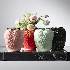 Jarrón de cerámica con forma de fresa: adorable maceta con forma de fruta de dibujos animados para arreglos florales e hidroponía, ideal como regalo para terrario o decoración del hogar.