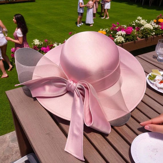 Vintage Pink Satin Womens Hat With Ruched Crown & Ribbon Accent Dressy church satin ribbon church derby womens tea party Hat  main image 2