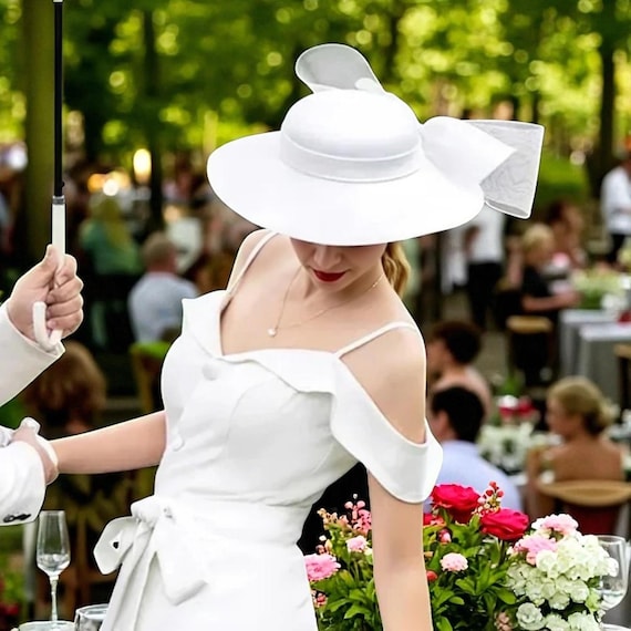 Satin Wide-Brim Hat: Elegant Bow, Derby, Wedding, Garden Party Satin Wide-Brim Hat: Elegant Bow, Derby, Wedding, Garden Party