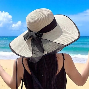 Summer Sun hat with ribbon - Ladies Beach hat For sunny holiday - Hot weather Straw hat for Women sunny vacation foldable bow hat for shade