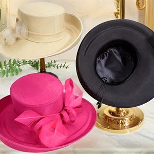 Piękny damski formalny kapelusz, oszałamiający damski kapelusz do kościoła, elegancki damski kapelusz ślubny, różowy, czarny, szykowny kapelusz na dzień na wyścigach