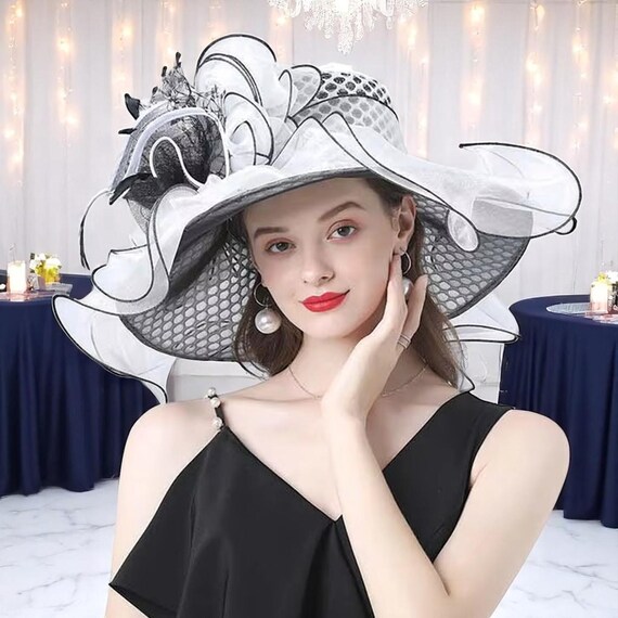 Elegant White Hat with Black Floral Accent Black Orchid With White Wedding Fascinator Race Derby Day  main image 2