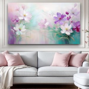 Abstract Floral Canvas Print | Pastel Flower Painting | Ethereal Soft Wall Art | Dreamy Romantic Purple White | Impressionist Decor
