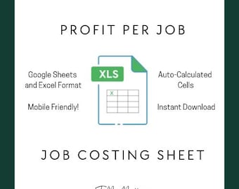 Op de afbeelding: Een digitaal sjabloon voor een jobkostencalculatieblad met de tekst PROFIT PER JOB en JOB COSTING SHEET. De afbeelding bevat een XLS-bestandspictogram, Google Sheets- en Excel-indelingen, automatisch berekende cellen en het logo The Bold Bookkeeper.