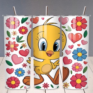 Vaso Tweety de 20 oz con purpurina rosa y violeta, vaso delgado de 20 oz, envoltorio de vaso de dibujos animados, envoltorio de vaso completo, vaso Png