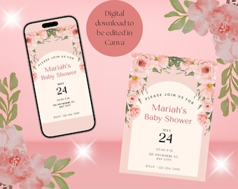 Digital Baby Shower Invitation Template, Pink Floral Baby Shower Evite, Editable Instant Download, Printable Baby Shower Invitation