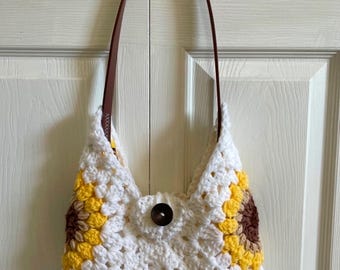Crochet Sunflower Granny Square Purse | Handmade Crochet Bag with Liner | Boho Crossbody | Crochet Gift for Her
