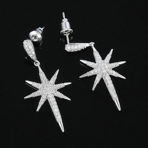 North Star Dangle Earring, Round Moissanite Diamond Starburst Earring, Star Drop Earring For Women, 14K Gold Wedding Earring, Christmas Gift
