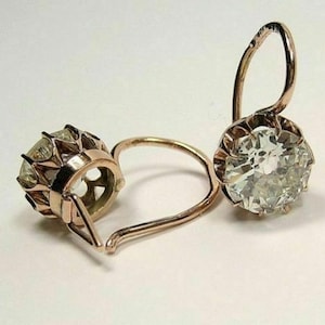 Old European Cut Moissanite Diamond 14K Gold Earring, Vintage Style Solitaire Earring, Wire Hook Dangle Earring, Art Deco Wedding Earring