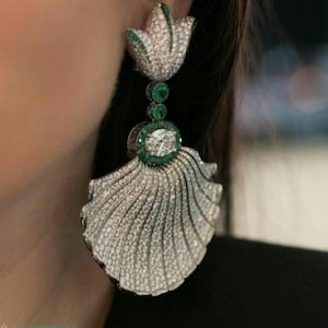 Luxurious Long Dangle Earring For Her, Green & White Round CZ Stone Push Back Dangle Earring, Wedding Earring For Bride, Party Wear Earring
