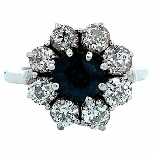 Cluster Halo Engagement Ring, Blue Round & Old European Cut CZ Stone Ring, Floral Inspire Wedding Ring, Mother&#39;s Day Gift Ring, Gift For Her