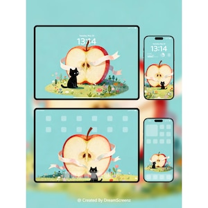 Könnte beinhalten: Bildschirme digitaler Geräte, die ein skurriles Apfeldesign mit einer schwarzen Katze zeigen. Der Apfel ist halbiert, mit einem Band umwickelt und vor einem hellblauen Hintergrund platziert. Die Uhrzeit wird auf den Bildschirmen angezeigt. Das Design wiederholt sich auf mehreren Geräten.