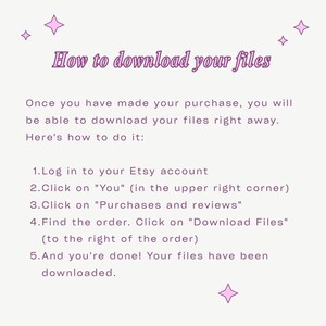 Op de afbeelding: Een lichtbeige afbeelding met de tekst "How to download your files" in paars schrift. Instructies over het downloaden van bestanden van Etsy staan onder de titel, met decoratieve stervormen in de hoeken.