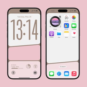 May include: Two smartphones with custom home screen designs. The left phone displays the time, date, and weather information. The right phone shows app icons, including calendar, photos, and music. The background is a soft pink.