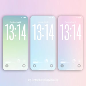 May include: Three smartphone screens with gradient backgrounds in shades of green, blue, and pink. Each screen displays the time "13:14" in white, along with the date "Tuesday, May 20". The bottom of each screen shows icons and text.