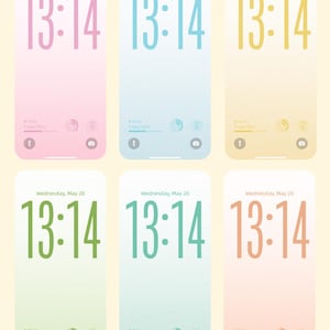May include: Six smartphone lock screens with gradient backgrounds in pink, blue, yellow, green, teal, and orange. Each screen displays the time 13:14, the date Wednesday, May 20, and weather information. The screens have a minimalist design.