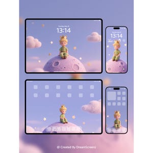 May include: Digital device screens displaying a whimsical illustration of a small figure with a crown sitting on a purple planet. The screens show the time, clouds, and stars against a soft blue background. The text "@ Created By DreamScreenz" is at the bottom.