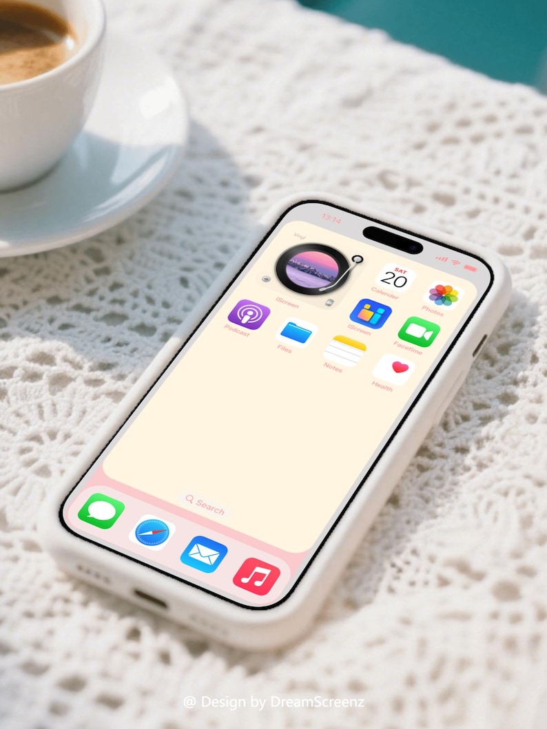Op de afbeelding: Een witte smartphone met een scherm met app-pictogrammen, waaronder een kalender met de datum 20. De telefoon zit in een witte hoes en ligt op een wit, gestructureerd oppervlak. Een kopje koffie staat op de achtergrond.