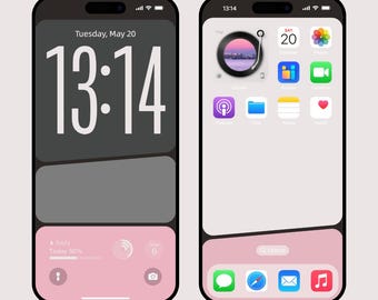 Op de afbeelding: Twee smartphones met aangepaste startschermontwerpen. De linkertelefoon toont de tijd, datum en weersinformatie op een donkere achtergrond. De rechtertelefoon toont app-pictogrammen en een zoekbalk, met een roze en wit kleurenschema. De tijd is 13:14.