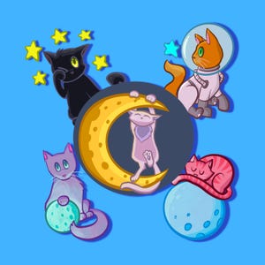 Autocollants | Série Chat céleste | Autocollants holographiques | chat accroché à la lune |