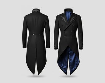 Gothic Herren Frack – Schwarzes Kreuz gestickter viktorianischer Mantel – Steampunk Vampir Jacke – Langer Gothic Mantel – Cosplay Trenchcoat