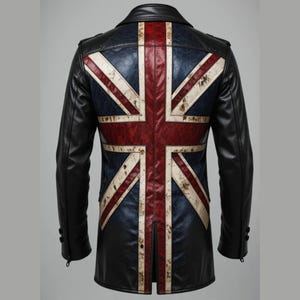 May include: Black leather jacket with a Union Jack design on the back. The flag features red, white, and blue colors with a distressed finish. The jacket has a classic collar and button details.