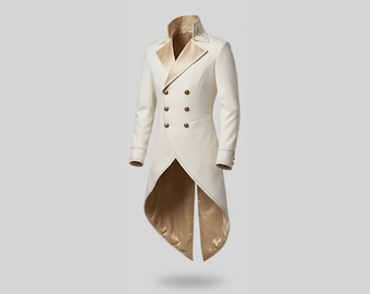 Royal White Tailcoat for Men –Victorian Steampunk Wedding Coat – Elegant Gold Embroidered Long Coat– Gothic Overcoat – Prince Cosplay Jacket