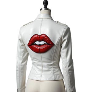 Women White Leather Jacket | Genuine Leather Biker Jacket | Red Lips Back Design | Fashion Statement Coat | Handmade Pop Art Jacket