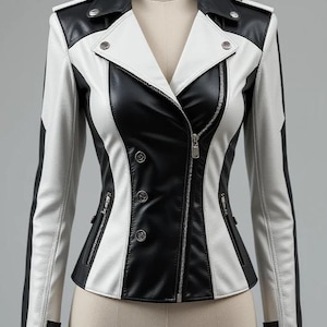 Women’s Black & White Leather Biker Jacket – Fitted Moto Style – Designer Two-Tone Zip Up – Streetwear Genuine Leather Coat