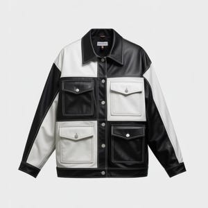 Op de afbeelding: Zwart-witte imitatie leren jas met een patchwork ontwerp. De jas heeft vier vierkante zakken, een kraag en witte stiksels. De mouwen zijn lang en de jas sluit met knopen.