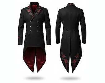 Black Gothic Tailcoat for Men – Red Rose Embroidered Victorian Coat – Steampunk Wedding Overcoat – Vintage Long Coat – Gothic Cosplay Jacket