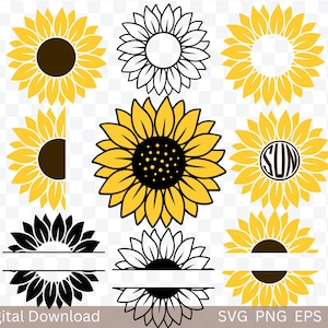 Sunflower SVG Bundle, Sunflower Vector, Floral Cutting file, Split Monogram Svg, Half Sunflower Clipart, flower Cut files, Digital Download