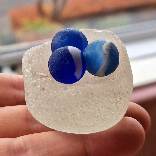 BLUE MARBLE TRIO | Pee Wee Marbles | Piano Castor Nest | Rare Sea Marble Collection | Scottish Sea Glass | Scottish Beach Finds (12117)