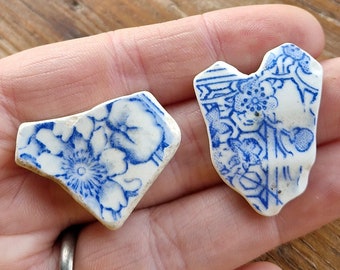 BLUE POTTERY HEARTS | Pair | Love | Floral| Naturally Sea Worn | Scottish Sea Pottery | Pendant Supplies | Scottish Beach Finds (12224)