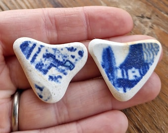 BLUE POTTERY HEARTS | Pair | Love | Willow | Naturally Sea Worn | Scottish Sea Pottery | Pendant Supplies | Scottish Beach Finds (12118)