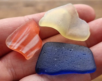 SEA GLASS TRIO | U.V. Yellow | Bright Glow | Blue | Orange Multi | Rare | Scottish Sea Glass | Jewelry Supplies (12143)