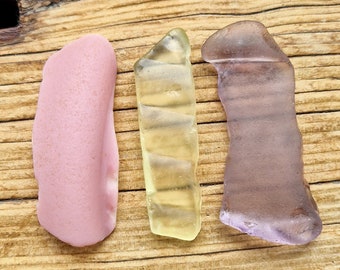 LARGE SEAGLASS TRIO | U.V. Yellow Glow | Pink Multi | Lavender Sea Glass Shard | Rare | Scottish Sea Glass | Jewelry Supplies (12174)