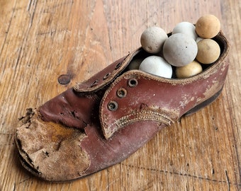 SEA SHOE | Sea Worn | Clay Marbles | Vintage Child's Leather Shoe | Antique Pottery | Scottish | Scottish Beach Finds (12339)