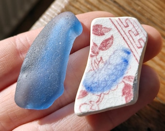 POTTERY & GLASS PAIR | Blue + Pink | Jewellery Supplies | Sea Worn Pottery Shard | Scottish Beach Finds (12424)