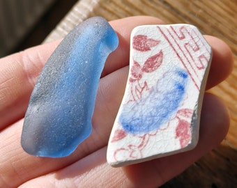 POTTERY & GLASS PAIR | Blue + Pink | Jewellery Supplies | Sea Worn Pottery Shard | Scottish Beach Finds (12424)