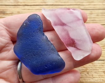 LARGE SEAGLASS PAIR | Cobalt Blue | Pink Multi | Sea Glass Shard | Rare | Scottish Sea Glass | Jewelry Supplies (12130)