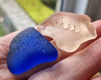 LARGE SEAGLASS PAIR | Decorative Pink & Cobalt Blue | Sea Glass Shard | Rare | Scottish Sea Glass | Jewelry Supplies (12132)